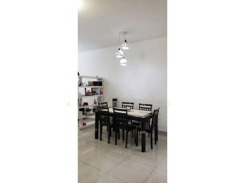 Dining features: 6-seater dining table, black dining chairs, white tabletop, pendant lighting with three bulbs, white painted walls, light grey tiled flooring, open shelving unit, decorative items on shelves; style: modern.