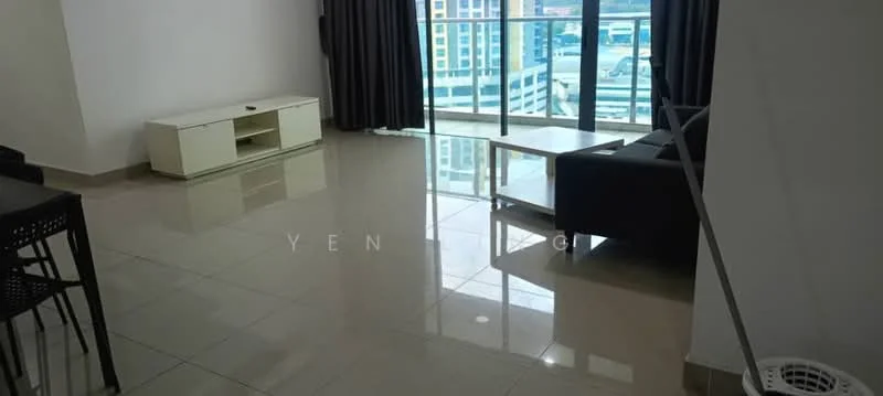 Living features: glossy tile flooring, white painted walls, floor-to-ceiling windows, blackout curtains, black leather sofa, white TV console, glass coffee table, dining table with black chairs; style: modern; view: city.