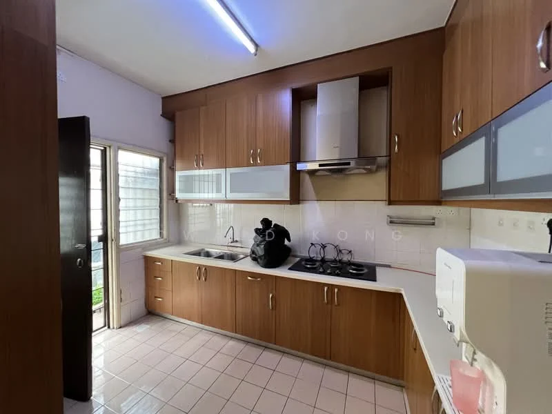 Kitchen features: brown wooden cabinetry, white countertop, stainless-steel sink, chrome pull-down faucet, 4-burner gas hob, stainless-steel range hood, built-in oven, tile flooring, window with grid pattern, door leading outside, light fixture on ceiling; style: modern; view: garden.
