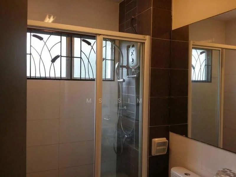 Bathroom features: glass shower enclosure, rain shower head, handheld shower, wall-mounted shower controls, white tiled walls, dark tiled accent wall, framed mirror, one-piece toilet, white sink, window with decorative grille; style: modern.