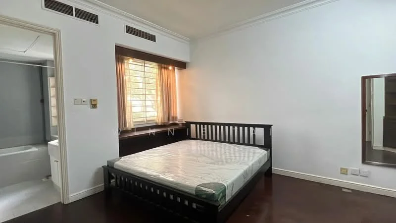 Bedroom features: queen-size bed frame in dark wood, mattress on bed frame, white painted walls, dark wood flooring, large window with sheer curtains, built-in wardrobe, mirror on wall, decorative wall panel; style: modern.