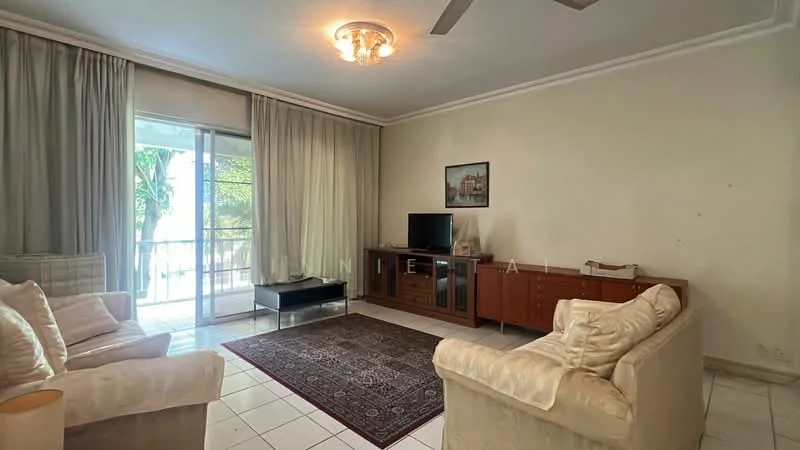 Living features: 2-seater fabric sofa in cream, 3-seater fabric sofa in cream, coffee table, TV console, wall-mounted TV, area rug with geometric pattern, ceiling fan, curtains, sliding glass door, floor-to-ceiling windows, white painted walls, tile flooring, chandelier; style: contemporary; view: garden.