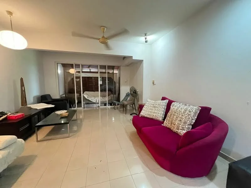 Living features: 3-seater fabric sofa in pink, 2-seater fabric sofa in white, glass coffee table, ceiling fan, tile flooring, wall-mounted TV, decorative cushions, large sliding glass door, natural light from sliding door, neutral painted walls; style: modern.