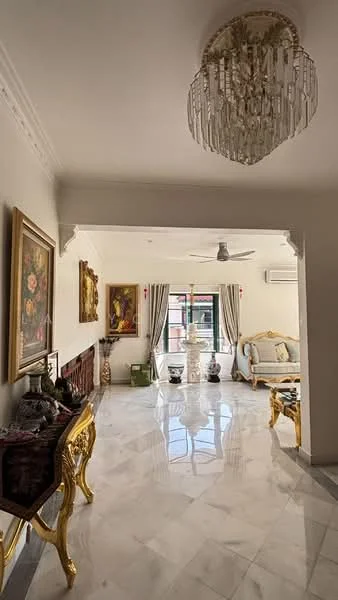 Living features: marble flooring, chandelier, 5-blade ceiling fan, cream painted walls, large windows with sheer curtains, golden ornate furniture, decorative wall artwork, sofa with upholstery, coffee table, decorative vases, wall-mounted air conditioning unit; style: luxury.