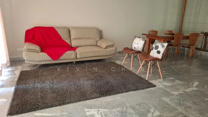 Living features: 3-seater fabric sofa in beige, red throw blanket on sofa, area rug with shaggy texture, wooden dining table for 4, 4 wooden dining chairs, floor-to-ceiling mirror, marble flooring, neutral painted walls; style: modern.