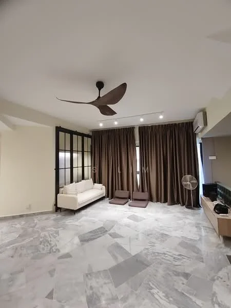 Living features: marble flooring, white painted walls, dropped ceiling with recessed lighting, 5-blade ceiling fan, floor-to-ceiling windows with sheer curtains, brown curtain drapes, light wood TV console, two brown lounge chairs, white fabric sofa, decorative wall paneling; style: modern.