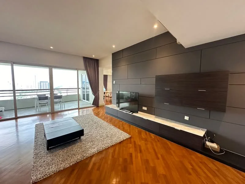 Living features: dark feature wall, light wood flooring, large floor-to-ceiling windows, sliding glass door, modern TV console, wall-mounted TV, coffee table, area rug with geometric pattern, recessed lighting, curtains, open layout to dining area; style: modern; view: city.