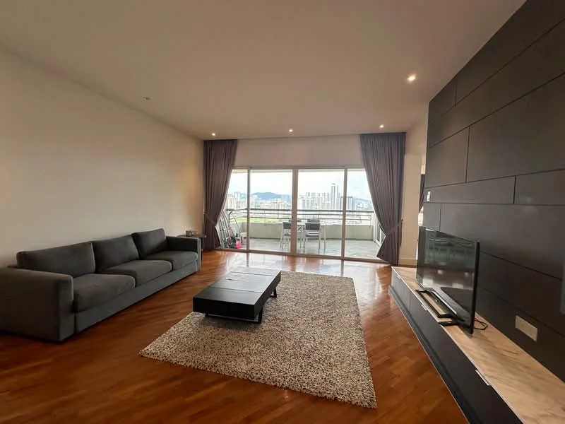 Living features: 3-seater fabric sofa in grey, coffee table, wall-mounted TV, TV console, area rug with geometric pattern, floor-to-ceiling windows, sliding glass door, curtains, wooden flooring, recessed downlights, feature wall with dark panels, open layout, view of city skyline; style: modern; view: city.
