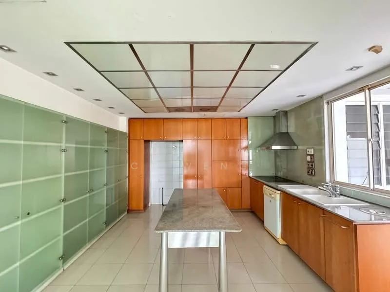 Kitchen features: granite countertop, wood cabinetry in brown, stainless-steel sink, chrome pull-down faucet, built-in oven, freestanding range oven, dishwasher, glass-front upper cabinets, island with seating, tile flooring, recessed downlights, large windows for natural light, green glass wall panels; style: modern.
