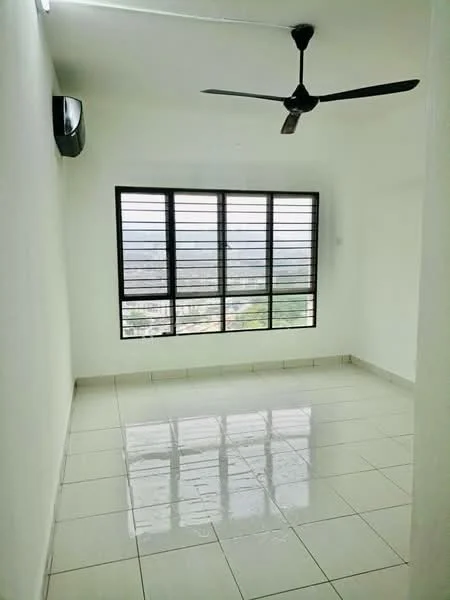 Room features: white painted walls, glossy tile flooring, ceiling fan, wall-mounted split AC, large window with black metal grille, city view, neutral color scheme, no visible furniture; style: modern; view: city.