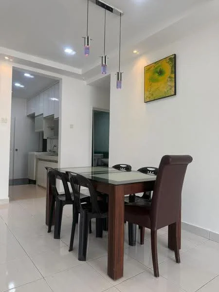 Dining features: 6-seater dining table with glass top, wooden table legs, 4 black plastic dining chairs, 2 brown upholstered dining chairs, pendant lighting with three bulbs, white painted walls, tile flooring, framed artwork on wall, recessed ceiling lights; style: modern. Kitchen features: white cabinetry, stainless-steel appliances, open layout to dining area; style: modern.