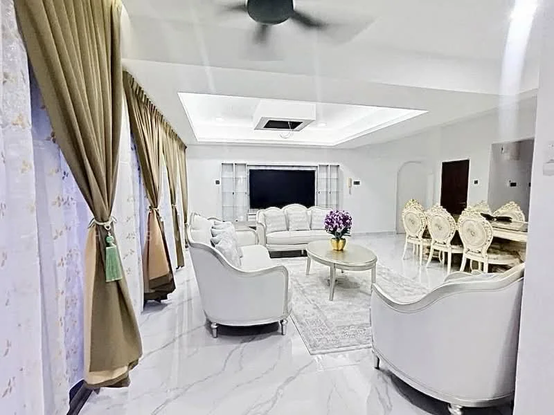 Living features: white leather sofa set, glass coffee table, marble flooring, tray ceiling with recessed lighting, 5-blade ceiling fan, TV mounted on wall, decorative area rug, curtains in beige, wall-mounted shelving, wall decor with floral pattern; style: modern.