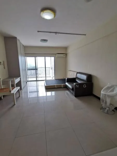 Living features: large floor-to-ceiling windows, sliding glass door, cream painted walls, white ceiling with recessed lighting, light-colored tiled flooring, brown leather sofa, coffee table, wall-mounted air conditioning unit, open layout, balcony access, minimalist decor; style: modern; view: city.