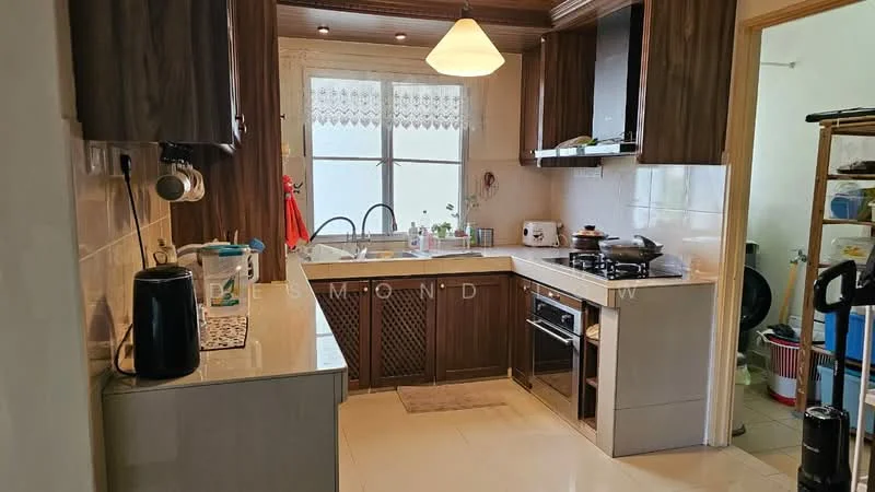 Kitchen features: L-shaped kitchen layout, brown wooden cabinetry, white quartz countertop, single-bowl stainless-steel sink, chrome pull-down faucet, built-in oven, freestanding gas range oven, exhaust hood, tile backsplash, recessed downlights, window with sheer curtains, ceramic tile flooring, open shelving, kitchen island with seating; style: modern.