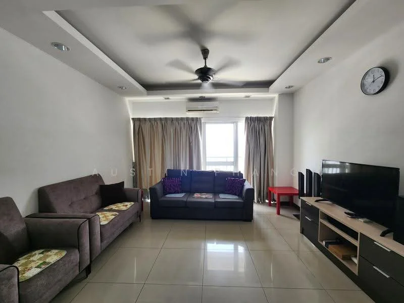 Living features: 3-seater fabric sofa in dark blue, 2-seater fabric sofa in brown, ceiling fan with light, recessed downlights, floor-to-ceiling windows with sheer curtains, wall-mounted TV, TV console with storage, square coffee table in red, light-colored tiled flooring, decorative wall clock, neutral painted walls, curtains in beige, air conditioning unit; style: modern; view: city.