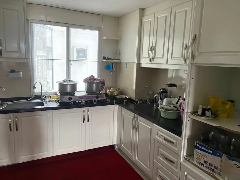 Kitchen features: white shaker cabinets, black countertop, single-bowl stainless-steel sink, chrome pull-down faucet, built-in oven, freestanding range oven, microwave, kettle, toaster, ceramic tile flooring, window with sheer curtains, recessed downlights; style: modern.