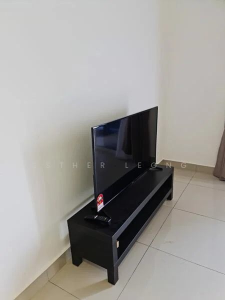 Room features: flat-screen TV, black TV console, white painted walls, light-colored floor tiles, curtains, minimalist decor; style: modern.