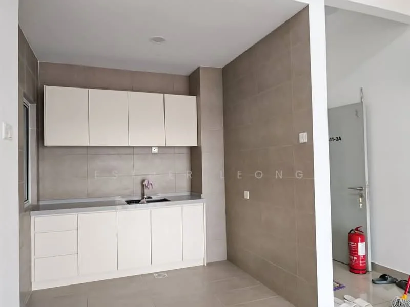 Kitchen features: white cabinetry, grey tiled backsplash, grey wall tiles, white countertop, single-bowl stainless-steel sink, chrome pull-down faucet, built-in cabinetry, window with view, floor tiles, open layout; style: modern.