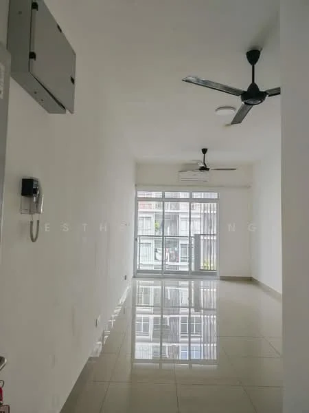 Room features: white painted walls, glossy tile flooring, 2 ceiling fans, floor-to-ceiling windows, sliding glass door, natural light, open layout, neutral color scheme; style: modern.