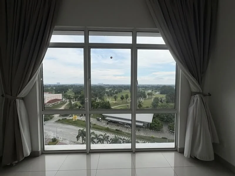 Room features: floor-to-ceiling windows, sheer curtains, grey walls, neutral flooring, view of greenery, view of road, view of nearby buildings; style: modern; view: garden.