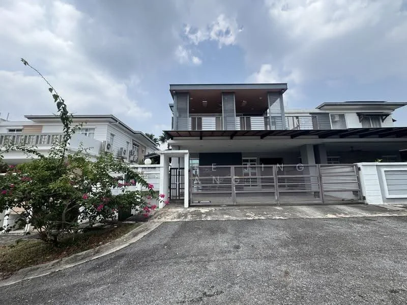 Exterior type: semi-detached house; features: two-storey structure, grey painted facade, recessed balconies, metal railing on balconies, sliding glass doors, manicured garden with flowering plants, paved driveway, gated entrance, overhead eaves, modern architectural design; style: modern.