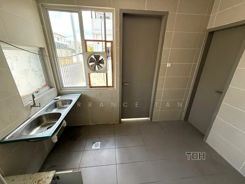 Laundry features: double-bowl stainless-steel sink, chrome faucet, grey tiled walls, light grey tiled flooring, window with view to outside, exhaust fan, door leading to another room, mirror on wall; style: modern.