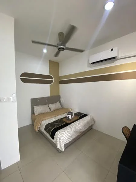 Bedroom features: queen-size bed with grey upholstered headboard, striped bedding in beige and white, 2 bedside tables, wall-mounted air conditioning unit, 5-blade ceiling fan, cream painted walls with brown accent stripes, tile flooring, decorative wall art, window with no visible treatment; style: modern.