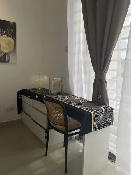 Room features: white walls, light grey tiled flooring, large window with sheer curtains, brown curtain drapes, wooden desk, decorative table runner with geometric pattern, rattan chair, table lamp, framed artwork on desk; style: modern.
