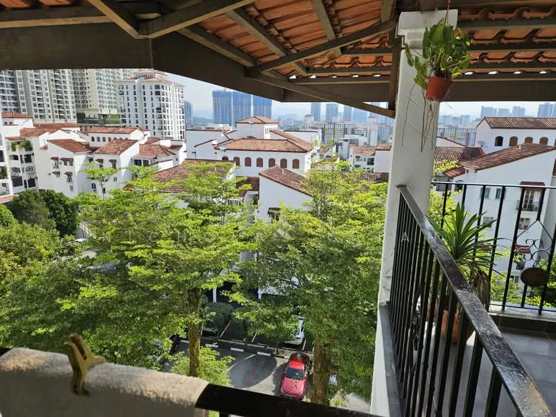 Room features: terracotta roof tiles, balcony railing, potted plants, city skyline view, greenery, surrounding residential buildings, street view, outdoor space; style: modern; view: city.
