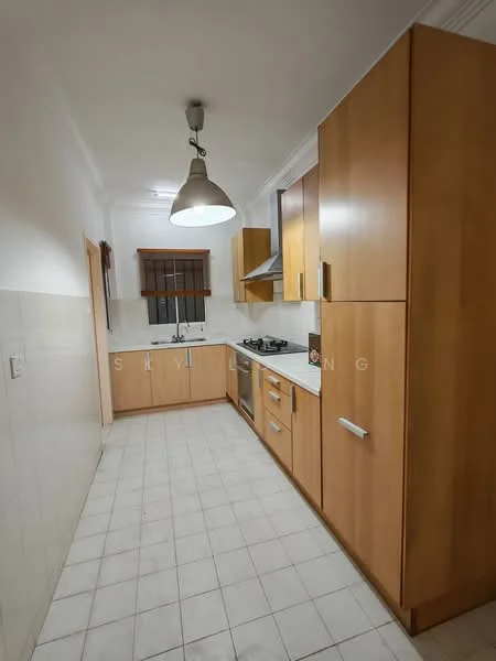 Kitchen features: light wood cabinetry, white countertop, stainless-steel sink, chrome pull-down faucet, 4-burner gas hob, built-in oven, exhaust hood, tile flooring, white tiled backsplash, window with wooden frame, pendant light fixture, wall-mounted storage, open shelving; style: modern.