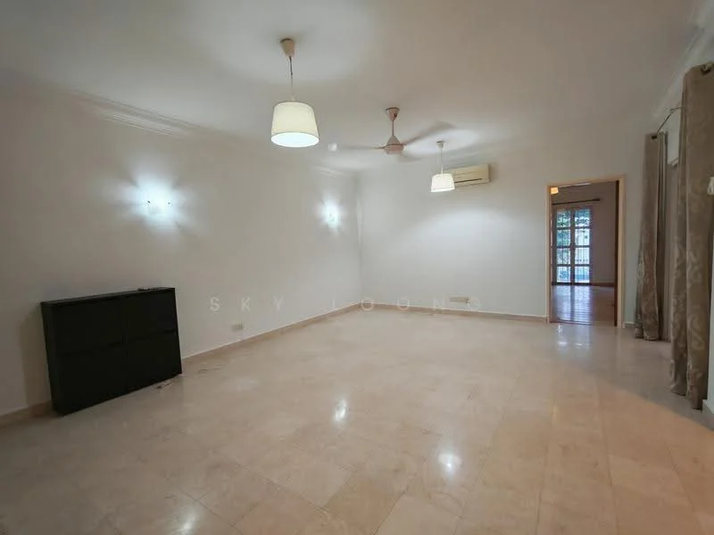 Living features: cream painted walls, marble tile flooring, tray ceiling, 2 ceiling fans, 1 wall-mounted split AC, 2 wall sconces, large sliding glass door, curtains, black storage cabinet; style: modern.