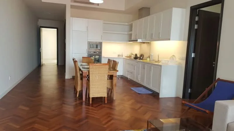 Dining features: dining table with 6 chairs, wooden flooring, white cabinetry, built-in oven, microwave, stainless-steel sink, chrome pull-down faucet, countertop with under-cabinet lighting, open shelving, recessed downlights; style: modern. Room features: light grey painted walls, doorway leading to hallway, open layout.