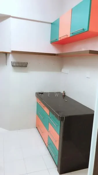 Kitchen features: black countertop, two-tone cabinetry in teal and coral, wall-mounted upper cabinets, open shelving, single-bowl stainless-steel sink, faucet, white tiled flooring, neutral painted walls; style: modern.