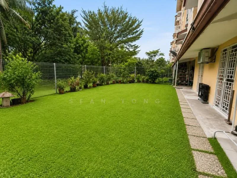 Exterior features: manicured lawn, paved walkway, fenced perimeter, potted plants, lush greenery, residential building in background; style: modern.