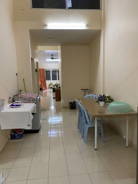 Kitchen features: white walls, glossy tile flooring, ceiling light, kitchen table with chairs, stainless-steel sink, kitchen cabinets, window with curtains, refrigerator, washing machine, decorative plants. Dining features: wooden dining table, plastic chairs, decorative plants.