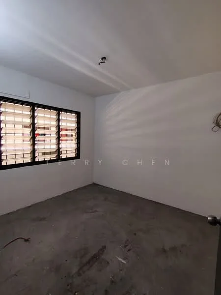 Room features: white painted walls, concrete flooring, window with horizontal slats, ceiling light fixture, no visible furniture; style: minimalist.