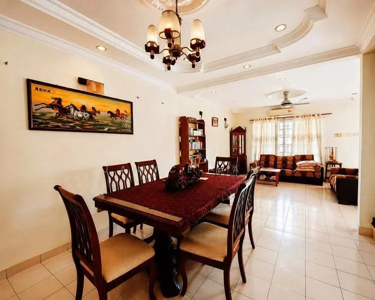 Dining features: wooden dining table with red tablecloth, 8 dining chairs with upholstered seats, chandelier with multiple lights, recessed ceiling lights, cream painted walls, white ceiling with crown moulding, floor tiles in light color, decorative wall art with horses, wooden display cabinet, sofa in the background, large window with sheer curtains; style: traditional. Living features: sofa with patterned upholstery, coffee table, decorative cushions, side table, floor lamp, large window with sheer curtains; style: traditional.