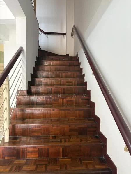 Room features: wooden staircase, handrail, white painted walls, natural light from upper levels, parquet wood flooring; style: modern.
