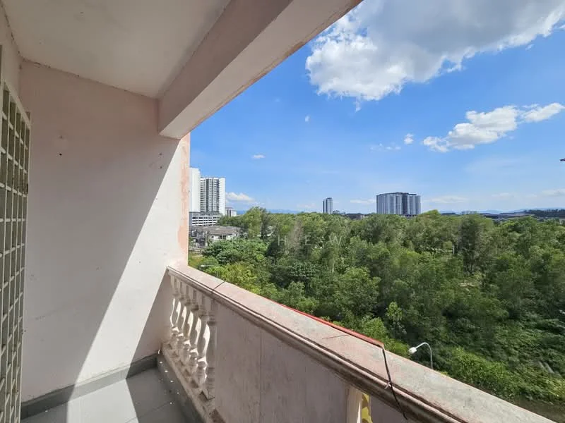 Room features: balcony, concrete flooring, railings, view of greenery, city skyline in background, blue sky, clouds; view: garden.