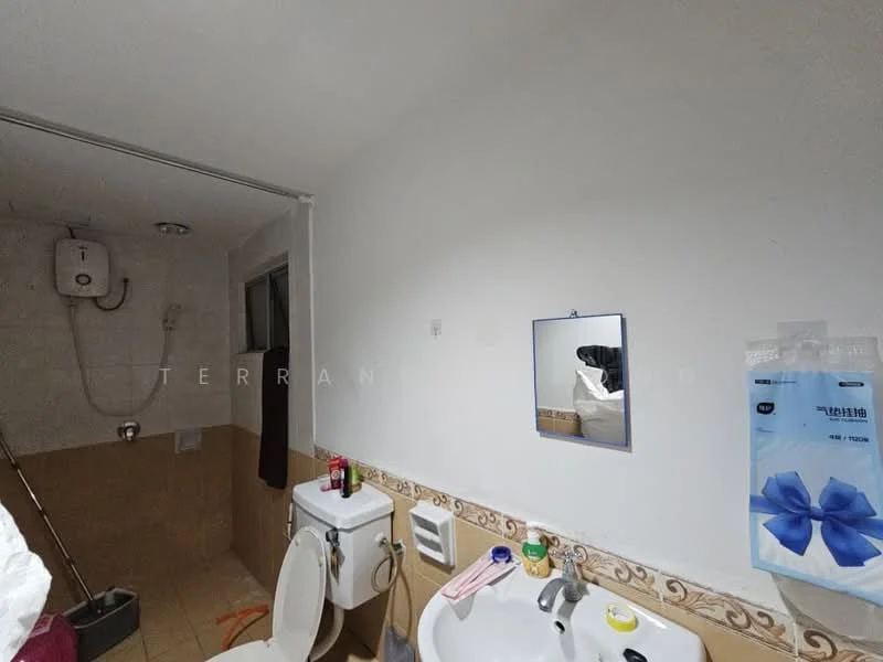 Bathroom features: white painted walls, tile flooring, shower with wall-mounted water heater, toilet, single-sink vanity, mirror, towel rack, soap dispenser.