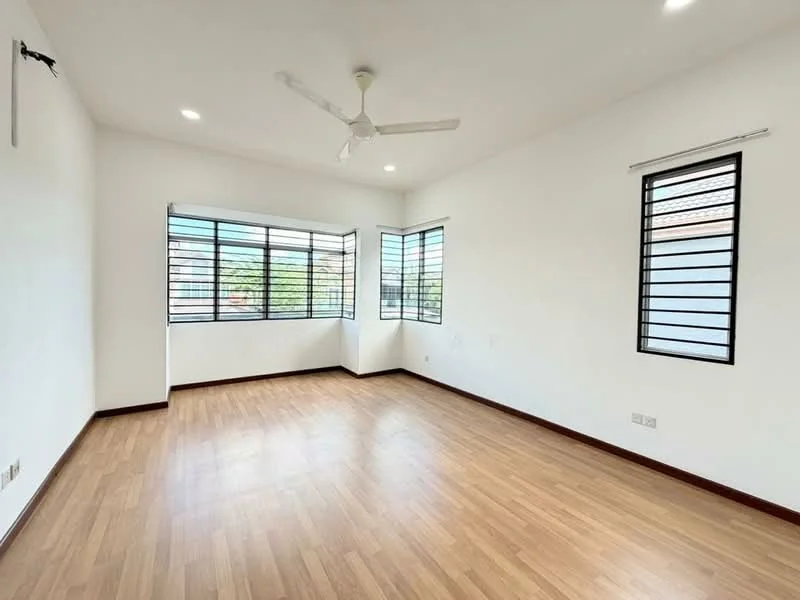 Room features: light wood laminate flooring, white painted walls, ceiling fan, multiple windows with black metal grilles, natural light from windows, corner windows, no visible furniture; style: modern; view: garden.