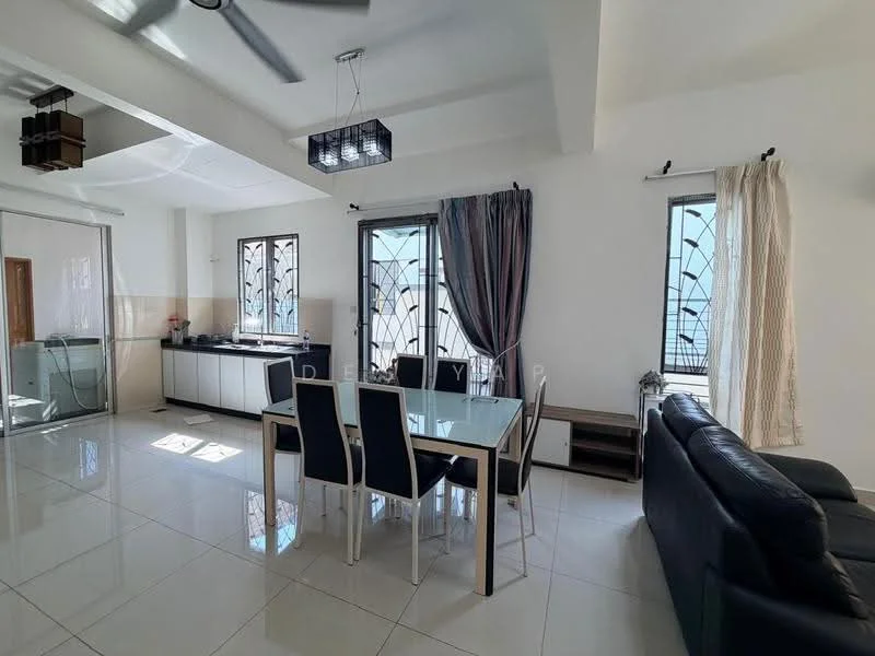 Living features: white painted walls, glossy tile flooring, 5-blade ceiling fan with light, sofa in black leather, glass dining table for 6, upholstered dining chairs in blue, large windows with decorative grills, curtains in light fabric, wall-mounted shelf, natural light from windows; style: modern; view: city. Kitchen features: white cabinetry, black countertop, stainless-steel sink, built-in stove, tile backsplash, open layout to living area; style: modern.