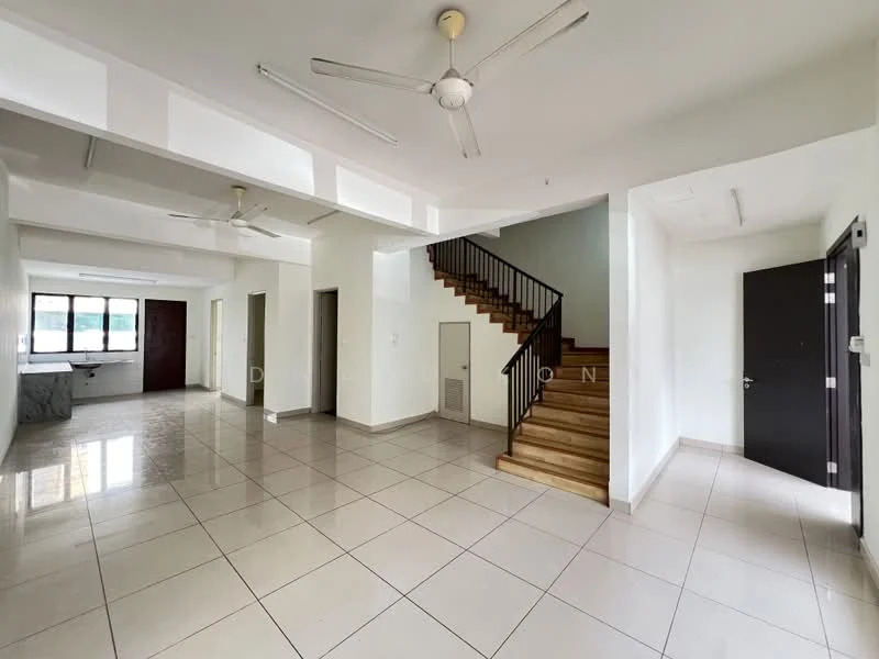 Living features: white painted walls, tile flooring, 2 ceiling fans, large windows, staircase with wooden steps, open layout, neutral color scheme, doorway to hallway; style: modern. Room features: white painted walls, tile flooring, 2 ceiling fans, large windows, doorway to hallway.