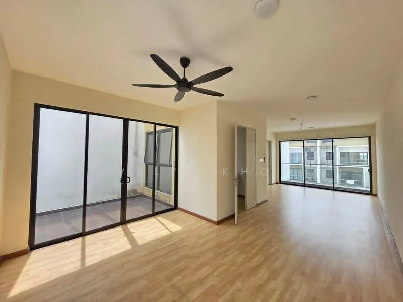 Living features: laminate flooring, 5-blade ceiling fan, floor-to-ceiling windows, sliding glass door, neutral wall color, natural light from windows, open layout, access to balcony; style: modern; view: courtyard. Balcony features: tiled flooring, glass railing, access from living room.