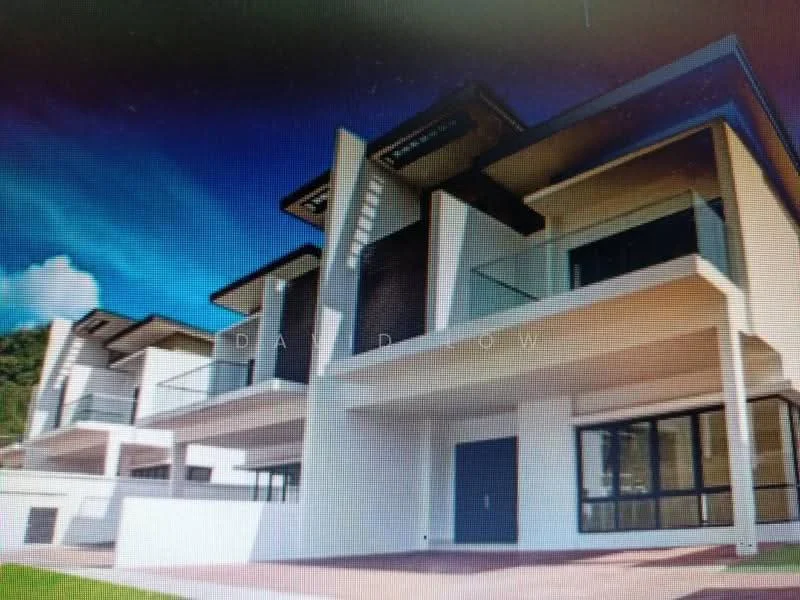 Exterior type: linked terrace house; features: white painted facade, glass balcony railings, flat roof, two-storey structure, large windows, manicured landscaping, driveway with interlocking pavers, modern architectural design; style: modern.