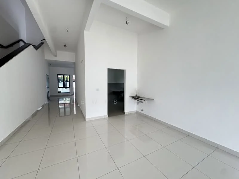 Room features: white painted walls, polished ceramic tile flooring, high ceiling, recessed downlights, open layout, large windows, doorway leading to another room, wall-mounted shelf; style: modern.