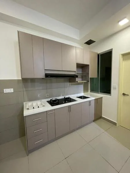 Kitchen features: light brown cabinetry, white countertop, built-in gas hob with 2 burners, stainless-steel sink, exhaust hood, grey tiled backsplash, grey floor tiles, window with view, recessed ceiling lights; style: modern.