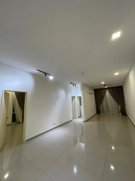 Room features: white painted walls, glossy ceramic tile flooring, recessed LED downlights, curtains on windows, two doorways leading to other rooms, neutral color scheme, smooth ceiling, track lighting; style: modern.