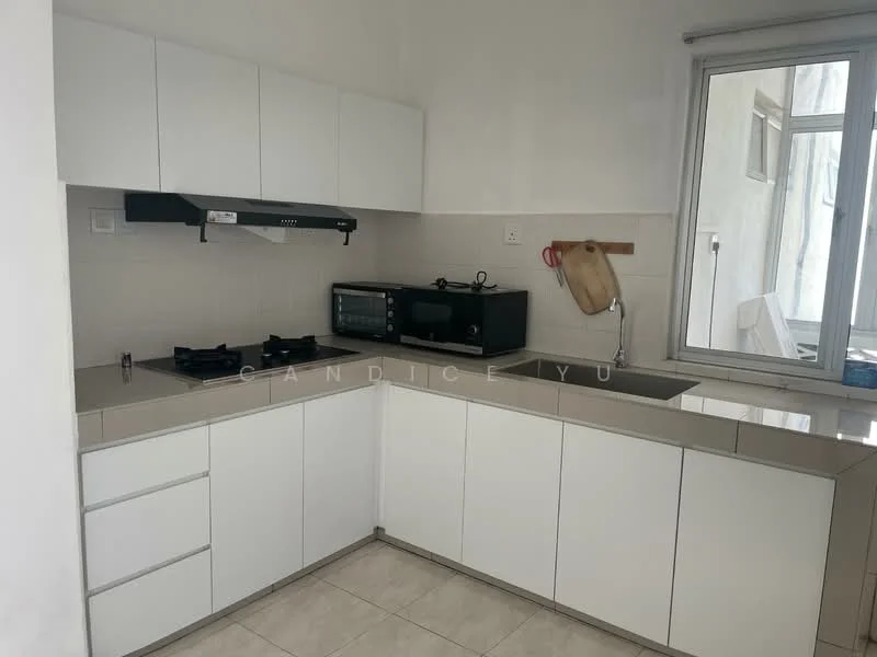 Kitchen features: white flat-panel cabinets, grey countertop, double-basin stainless-steel sink, chrome pull-down faucet, built-in gas hob with 2 burners, black built-in microwave, black kitchen hood, tile backsplash, light-colored tile flooring, window with sheer curtains; style: modern.