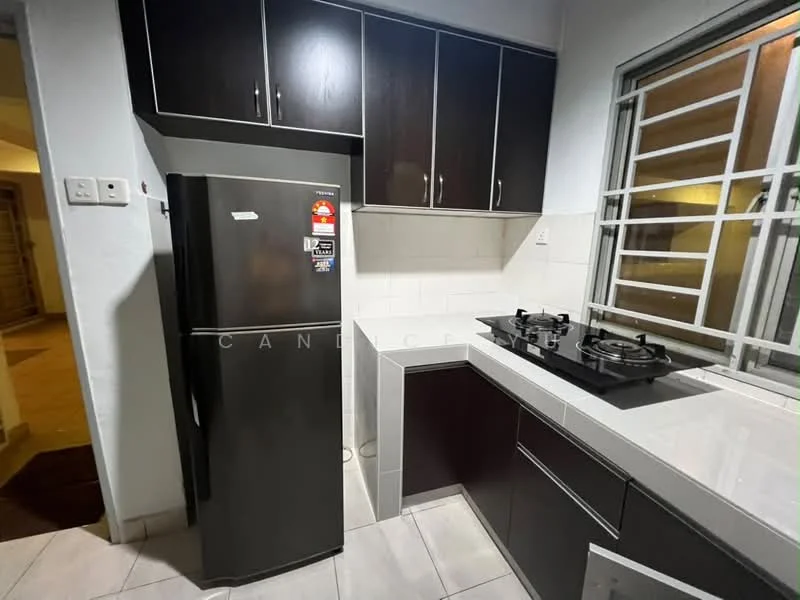 Kitchen features: dark wood cabinetry, white countertop, stainless-steel fridge, 4-burner gas hob, black gas stove, white tiled backsplash, single-bowl stainless-steel sink, window with metal grille, light-colored tile flooring; style: modern.